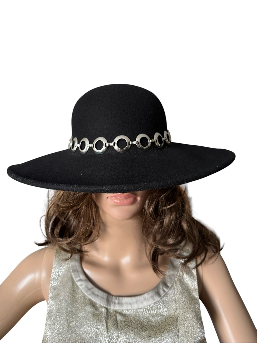 Black Wool Wide Brim Hat with Silver Chain Accent
